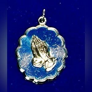 Blue Enamel Praying Hands Pendant Necklace Vintage